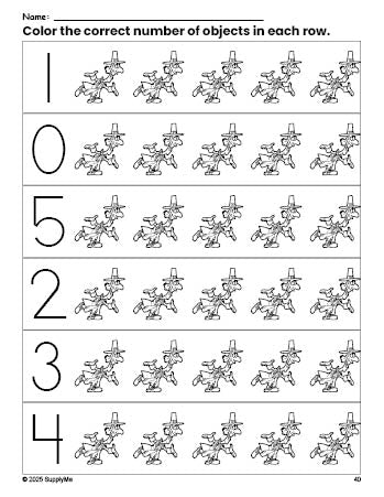 Free printable pilgrim Thanksgiving count and color worksheet for preschoolers, Thanksgiving coloring page and counting worksheet numbers 0-5, PDF