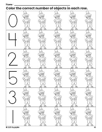 Free printable pilgrim Thanksgiving count and color worksheet for preschoolers, Thanksgiving coloring page and counting worksheet numbers 0-5, PDF