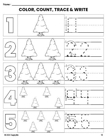 Free printable pine tree winter coloring page and number tracing worksheet, numbers 1-5 counting worksheet for preschool and pre-k