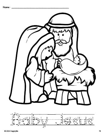 Free printable Baby Jesus Christmas coloring page and word tracing worksheet, letter formation guides, perfect for preschool, pre-k, and kindergarten