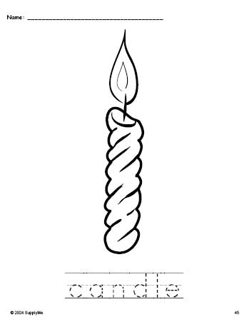 Free printable candle Christmas coloring page and word tracing worksheet, perfect for preschool, pre-k, and kindergarten