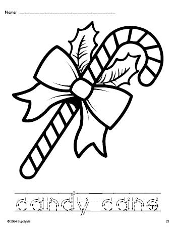 Free printable candy cane Christmas coloring page and word tracing worksheet, letter formation guides, perfect for preschool, pre-k, and kindergarten