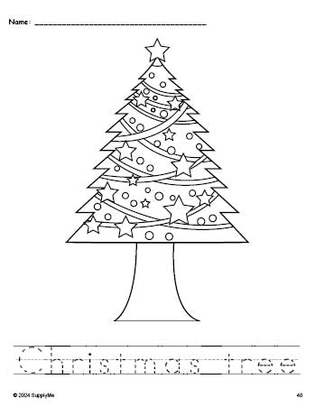 Free printable Christmas tree Christmas coloring page and word tracing worksheet, perfect for preschool, pre-k, and kindergarten