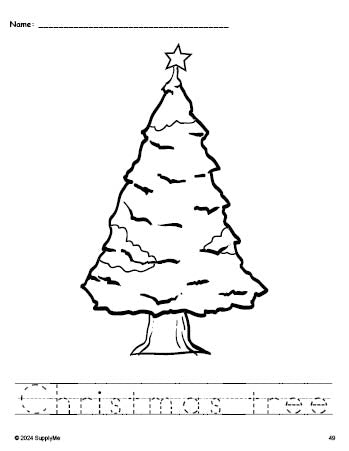 Free printable Christmas tree Christmas coloring page and word tracing worksheet, perfect for preschool, pre-k, and kindergarten