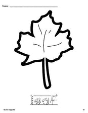 Free printable leaf Thanksgiving coloring page and word tracing worksheet, letter formation guides, perfect for preschool, pre-k, and kindergarten