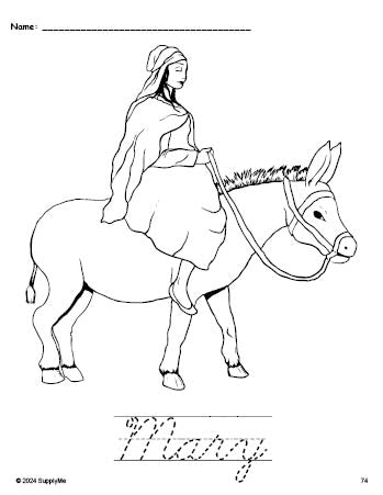 Free printable Mary Christmas coloring page and cursive word tracing worksheet, perfect for preschool, pre-k, and kindergarten