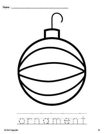 Free printable ornament Christmas coloring page and word tracing worksheet, perfect for preschool, pre-k, and kindergarten