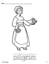 Free printable pilgrim Thanksgiving coloring page and word tracing worksheet, letter formation guides, perfect for preschool, pre-k, and kindergarten