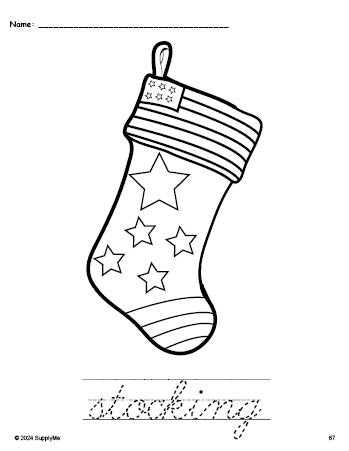 Free printable stocking Christmas coloring page and cursive word tracing worksheet, perfect for preschool, pre-k, and kindergarten
