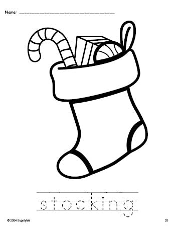 Free printable stocking Christmas coloring page and word tracing worksheet, perfect for preschool, pre-k, and kindergarten