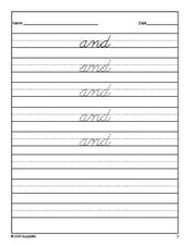 Free preschool sight word cursive tracing worksheet, high frequency word 'and', first 100 fry sight words, Dolch pre-primer, PDF