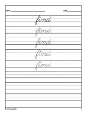 Free preschool sight word cursive tracing worksheet, high frequency word 'find', first 100 fry sight words, Dolch pre-primer, PDF