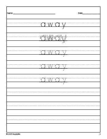 Free preschool sight word tracing worksheet, high frequency word 'away', second 100 fry sight words, Dolch pre-primer, PDF
