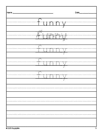 Free preschool sight word tracing worksheet, high frequency word 'funny', Dolch pre-primer, PDF
