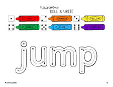Free preschool worksheet, rainbow roll and write sight word tracing worksheet, beginner sight word for preschoolers and high frequency word 'jump', Dolch pre-primer, PDF