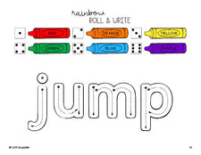 Free preschool worksheet, rainbow roll and write sight word tracing worksheet, beginner sight word for preschoolers and high frequency word 'jump', Dolch pre-primer, PDF