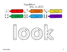 Free preschool worksheet, rainbow roll and write sight word tracing worksheet, beginner sight word for preschoolers and high frequency word 'look', first 100 fry sight words, Dolch pre-primer, PDF