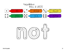Free preschool worksheet, rainbow roll and write sight word tracing worksheet, beginner sight word for preschoolers and high frequency word 'not', first 100 fry sight words, Dolch pre-primer, PDF