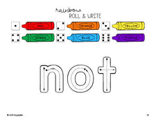 Free preschool worksheet, rainbow roll and write sight word tracing worksheet, beginner sight word for preschoolers and high frequency word 'not', first 100 fry sight words, Dolch pre-primer, PDF