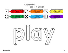 Free preschool worksheet, rainbow roll and write sight word tracing worksheet, beginner sight word for preschoolers and high frequency word 'play', second 100 fry sight words, Dolch pre-primer, PDF