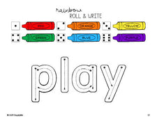 Free preschool worksheet, rainbow roll and write sight word tracing worksheet, beginner sight word for preschoolers and high frequency word 'play', second 100 fry sight words, Dolch pre-primer, PDF