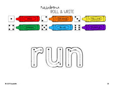 Free preschool worksheet, rainbow roll and write sight word tracing worksheet, beginner sight word for preschoolers and high frequency word 'run', third 100 fry sight words, Dolch pre-primer, PDF