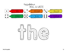 Free preschool worksheet, rainbow roll and write sight word tracing worksheet, beginner sight word for preschoolers and high frequency word 'the', first 100 fry sight words, Dolch pre-primer, PDF