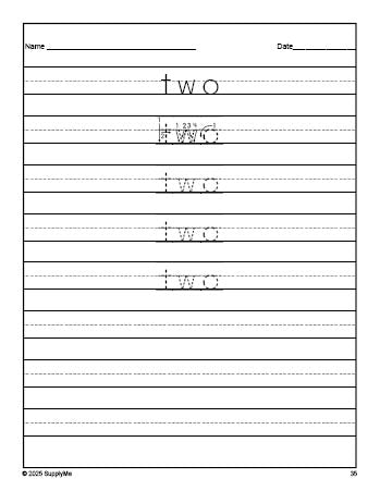 Free preschool sight word tracing worksheet, high frequency word 'two', first 100 fry sight words, Dolch pre-primer, PDF