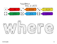 Free preschool worksheet, rainbow roll and write sight word tracing worksheet, beginner sight word for preschoolers and high frequency word 'where', second 100 fry sight words, Dolch pre-primer, PDF