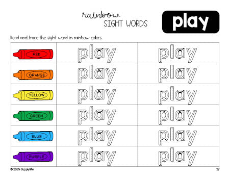 Free preschool worksheet, rainbow sight word tracing worksheet, beginner sight word for preschoolers and high frequency word 'play', second 100 fry sight words, Dolch pre-primer, PDF