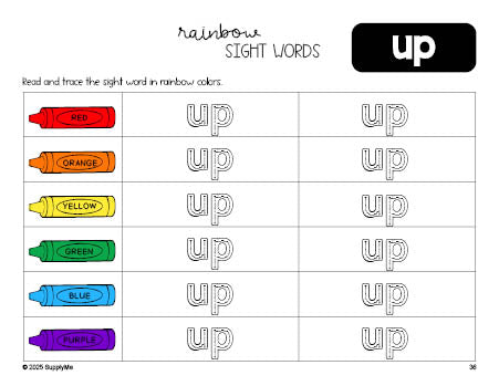 Free preschool worksheet, rainbow sight word tracing worksheet, beginner sight word for preschoolers and high frequency word 'up', first 100 fry sight words, Dolch pre-primer, PDF