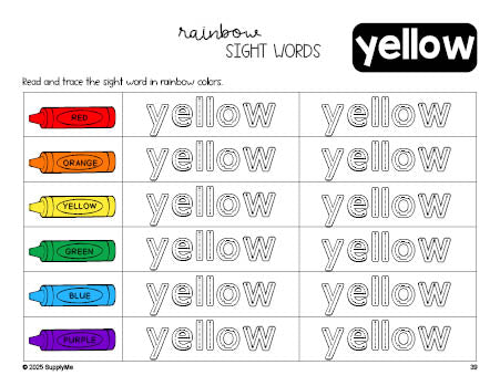 Free preschool worksheet, rainbow sight word tracing worksheet, beginner sight word for preschoolers and high frequency word 'yellow', tenth 100 fry sight words, Dolch pre-primer, PDF