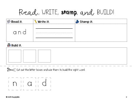 Free preschool worksheet, read, write, stamp, and build the beginner sight word for preschoolers and high frequency word 'and', first 100 fry sight words, Dolch pre-primer, PDF