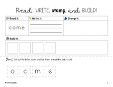 Free preschool worksheet, read, write, stamp, and build the beginner sight word for preschoolers and high frequency word 'come', first 100 fry sight words, Dolch pre-primer, PDF