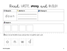 Free preschool worksheet, read, write, stamp, and build the beginner sight word for preschoolers and high frequency word 'down', first 100 fry sight words, Dolch pre-primer, PDF