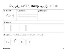 Free preschool worksheet, read, write, stamp, and build the beginner sight word for preschoolers and high frequency word 'find', first 100 fry sight words, Dolch pre-primer, PDF