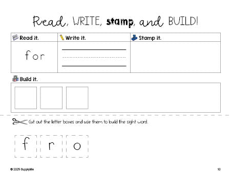 Free preschool worksheet, read, write, stamp, and build the beginner sight word for preschoolers and high frequency word 'for', first 100 fry sight words, Dolch pre-primer, PDF