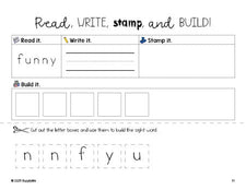Free preschool worksheet, read, write, stamp, and build the beginner sight word for preschoolers and high frequency word 'funny', Dolch pre-primer, PDF