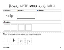 Free preschool worksheet, read, write, stamp, and build the beginner sight word for preschoolers and high frequency word 'help', second 100 fry sight words, Dolch pre-primer, PDF