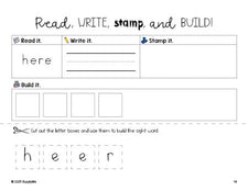 Free preschool worksheet, read, write, stamp, and build the beginner sight word for preschoolers and high frequency word 'here', second 100 fry sight words, Dolch pre-primer, PDF