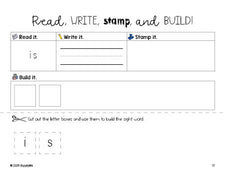 Free preschool worksheet, read, write, stamp, and build the beginner sight word for preschoolers and high frequency word 'is', first 100 fry sight words, Dolch pre-primer, PDF