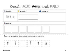 Free preschool worksheet, read, write, stamp, and build the beginner sight word for preschoolers and high frequency word 'little', second 100 fry sight words, Dolch pre-primer, PDF