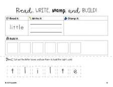 Free preschool worksheet, read, write, stamp, and build the beginner sight word for preschoolers and high frequency word 'little', second 100 fry sight words, Dolch pre-primer, PDF