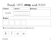 Free preschool worksheet, read, write, stamp, and build the beginner sight word for preschoolers and high frequency word 'look', first 100 fry sight words, Dolch pre-primer, PDF