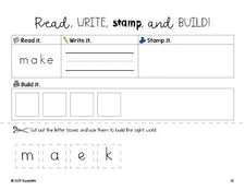 Free preschool worksheet, read, write, stamp, and build the beginner sight word for preschoolers and high frequency word 'make', first 100 fry sight words, Dolch pre-primer, PDF