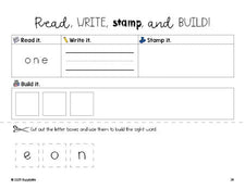 Free preschool worksheet, read, write, stamp, and build the beginner sight word for preschoolers and high frequency word 'one', first 100 fry sight words, Dolch pre-primer, PDF