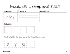 Free preschool worksheet, read, write, stamp, and build the beginner sight word for preschoolers and high frequency word 'play', second 100 fry sight words, Dolch pre-primer, PDF