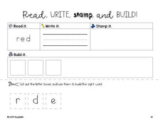 Free preschool worksheet, read, write, stamp, and build the beginner sight word for preschoolers and high frequency word 'red', fourth 100 fry sight words, Dolch pre-primer, PDF