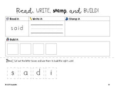 Free preschool worksheet, read, write, stamp, and build the beginner sight word for preschoolers and high frequency word 'said', first 100 fry sight words, Dolch pre-primer, PDF