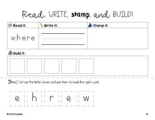 Free preschool worksheet, read, write, stamp, and build the beginner sight word for preschoolers and high frequency word 'where', second 100 fry sight words, Dolch pre-primer, PDF